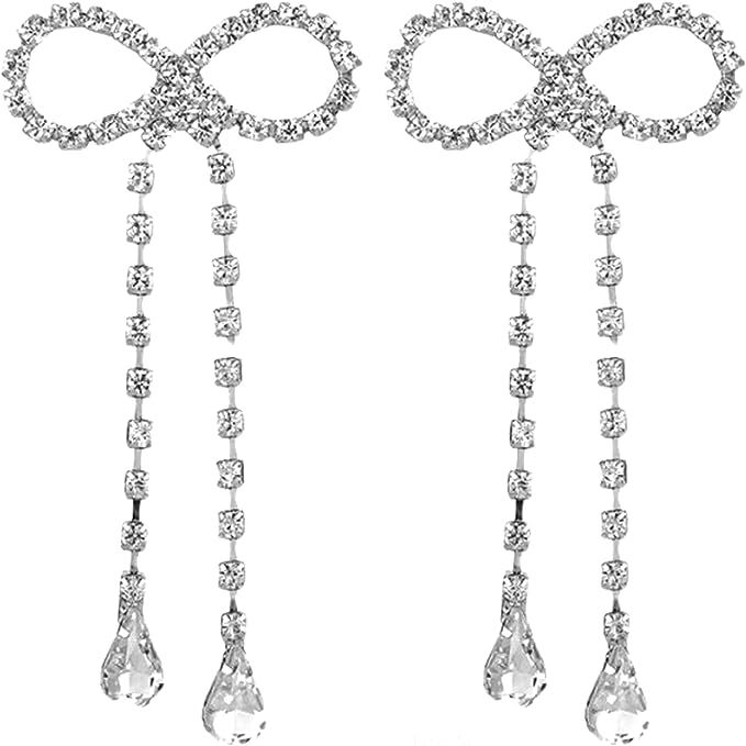 Amazon.com: Silver Bow Drop Earring Rhinestones Bow Tassels Statement Earrings Crystal Bowknot Li... | Amazon (US)