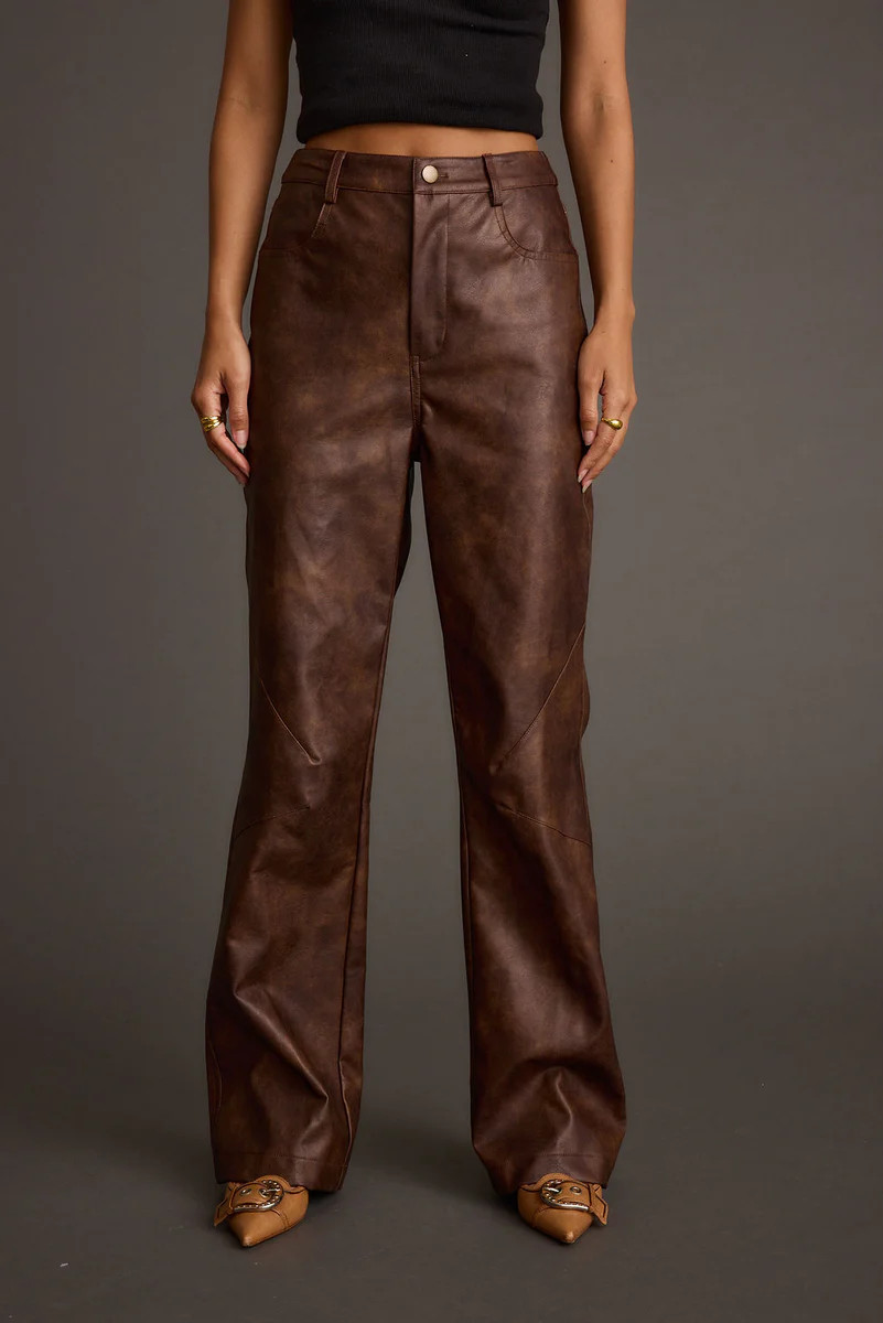 Kingsley Washed Brown Vegan Leather Straight Leg Pants | 12th Tribe