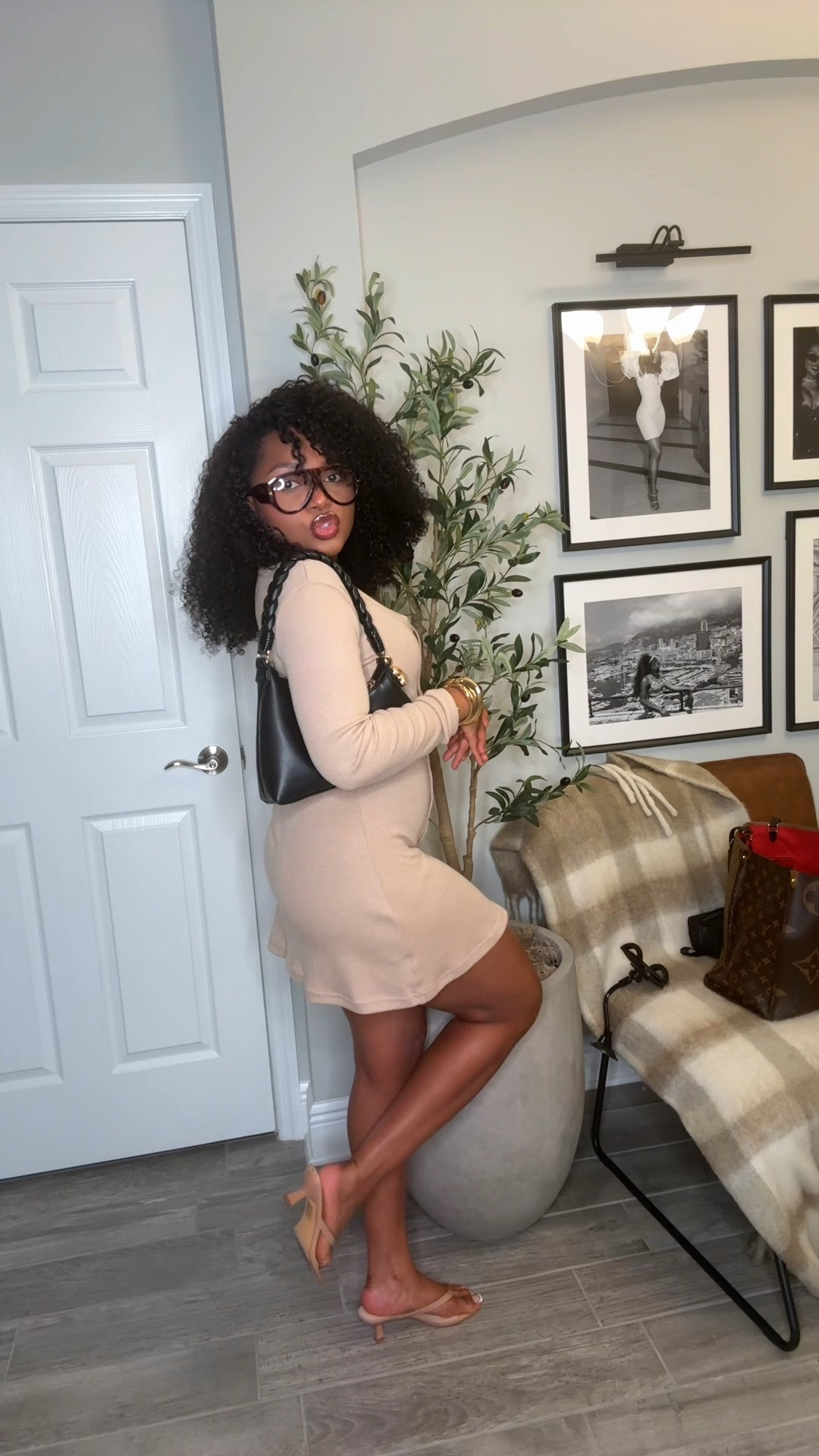 Effortless nude look with long sleeve v neck knit mini dress m, nude shoes, black purse and large frame glasses 

#LTKStyleTip #LTKPetite #LTKgrwm
