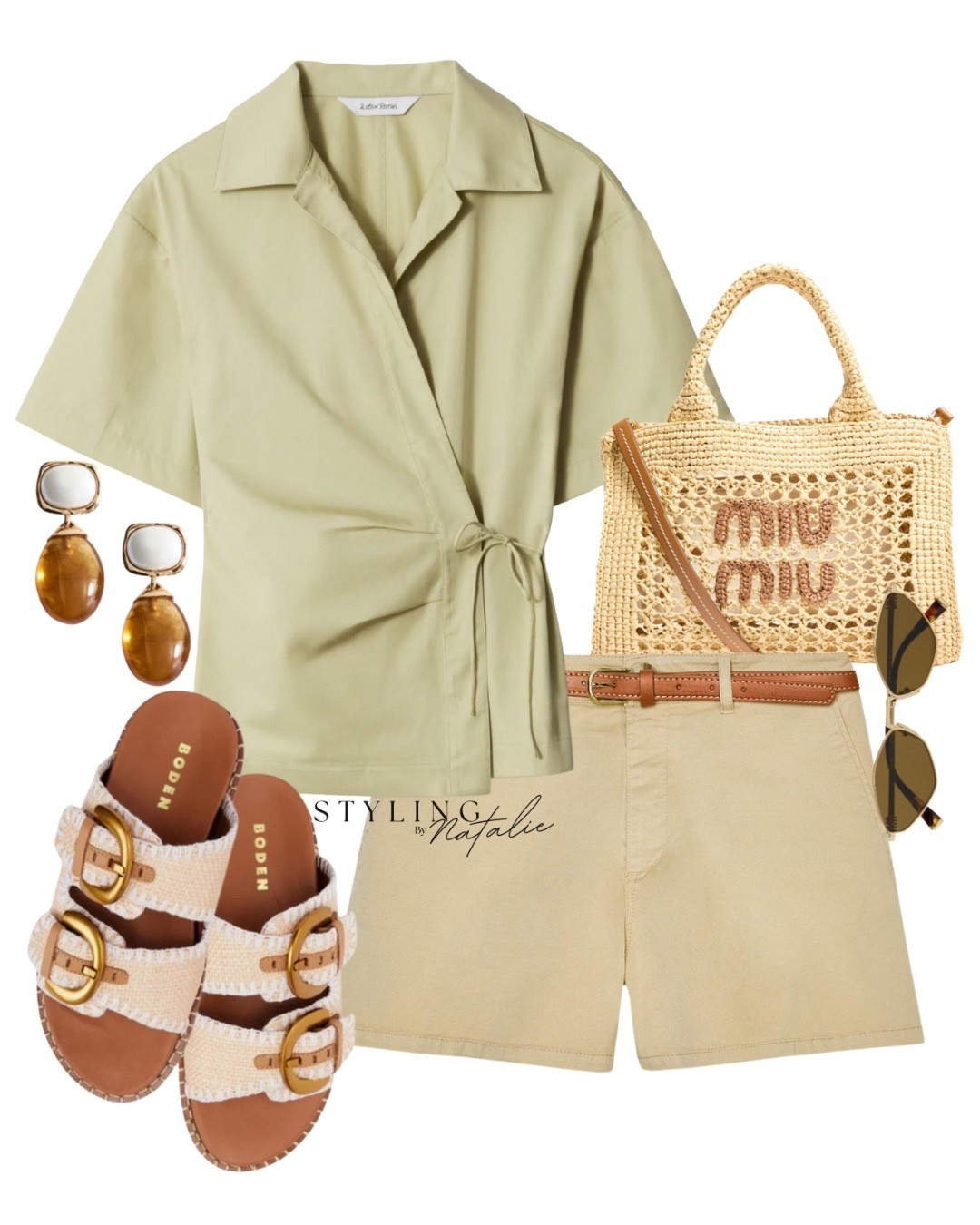 Chic heatwave outfit, green tie wrap shirt, belted Bermuda shorts, Miu Miu raffia tote bag, chunky sandals and Miu Miu sunglasses. Warm weather outfit, weekend look, workwear, smart casual, Zara, green shirt 

#LTKstyletip #LTKuk #LTKsummer