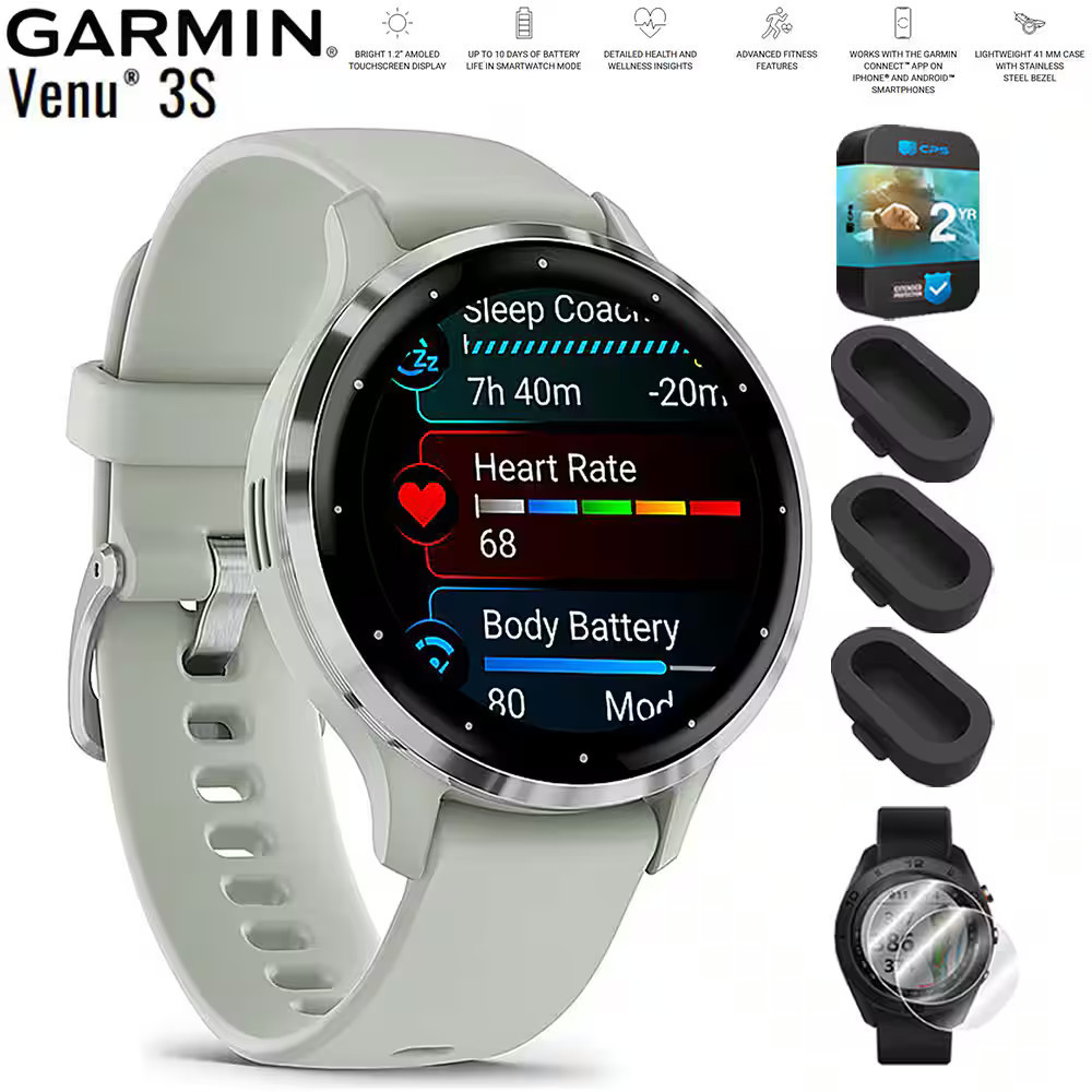 Garmin - Venu 3S GPS Smartwatch Steel with Gray Case 41mm + 2 Year Warranty Bundle - Stainless Steel and Sage Gray - (2023) | Best Buy U.S.
