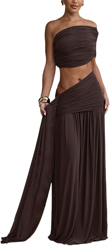 Wuitrie Conjunto de dos piezas con hombros descubiertos para mujer, top corto, falda larga, frunc... | Amazon (US)