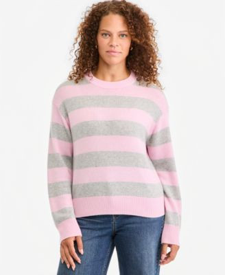On 34th Women's 100% Cashmere Crewneck Relaxed-Fit Sweater, Macy's Exclusive - Light Grey Stripe | Macy's