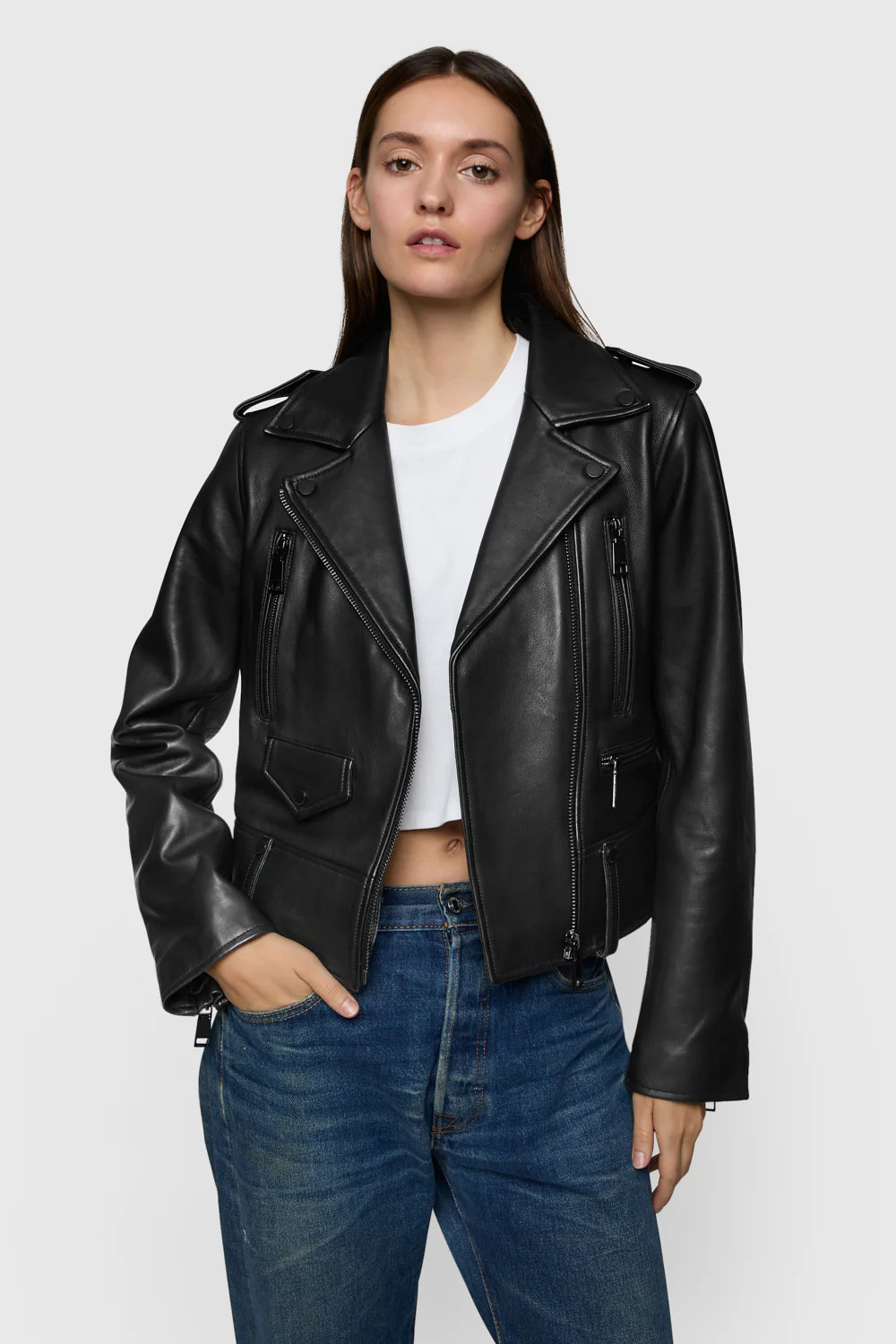 Rebecca Minkoff Julian Moto Jacket In Black/Black - Size L | Rebecca Minkoff