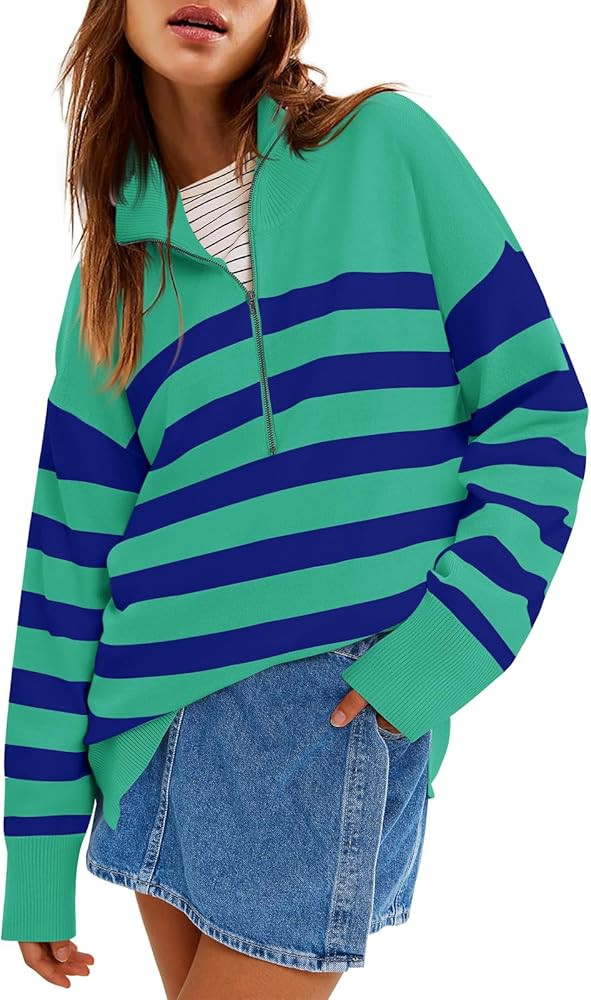 Yousify Women’s Casual Long Sleeve Half Zip Striped Pullover Sweaters V Neck Color Block Ribbed... | Amazon (US)