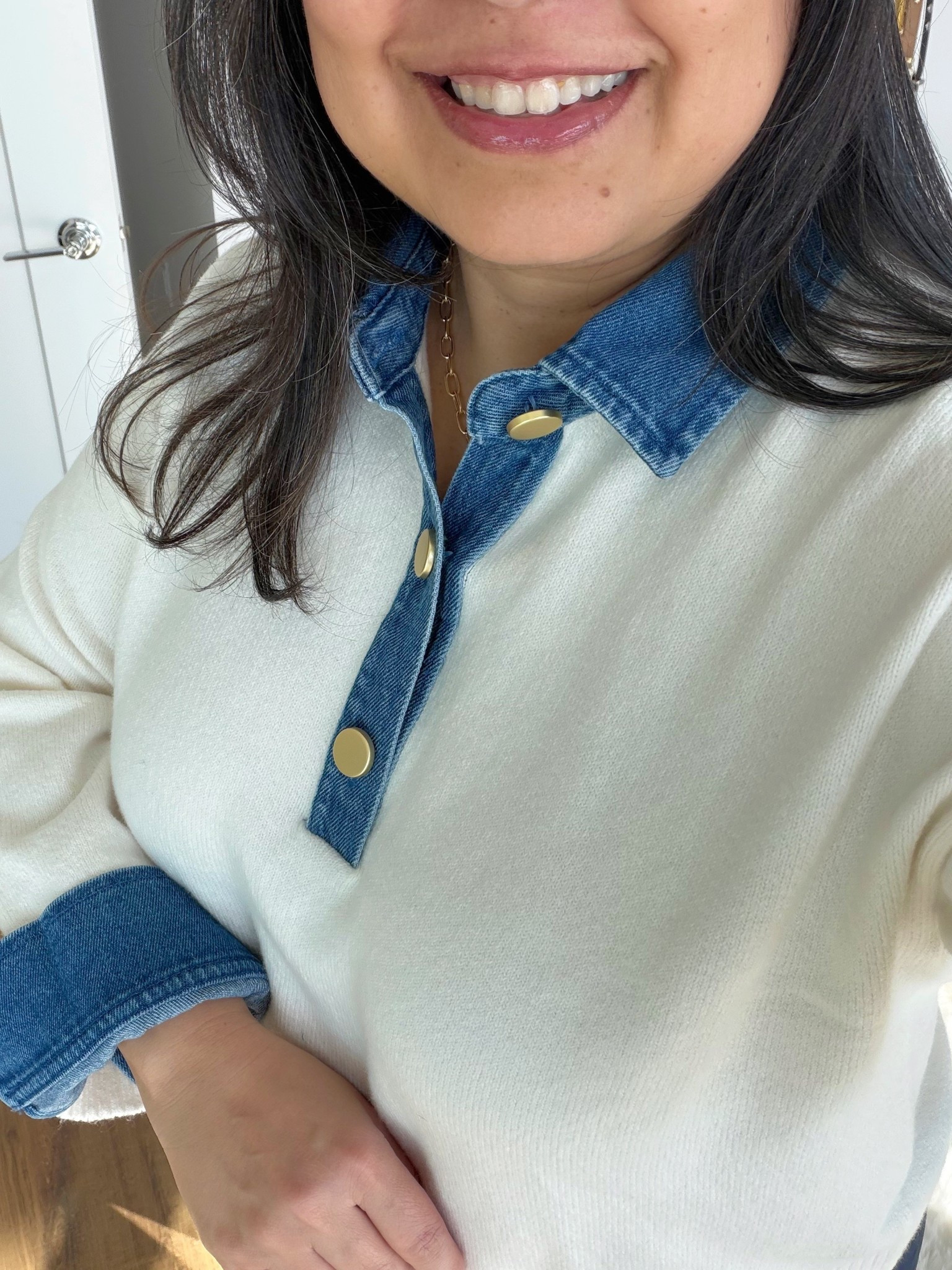 Loft denim trim henley sweater on sale 40% off + an extra 25% off + free shipping! Wearing it here in size large petite. 

#LTKOver40 #LTKSaleAlert #LTKMidsize