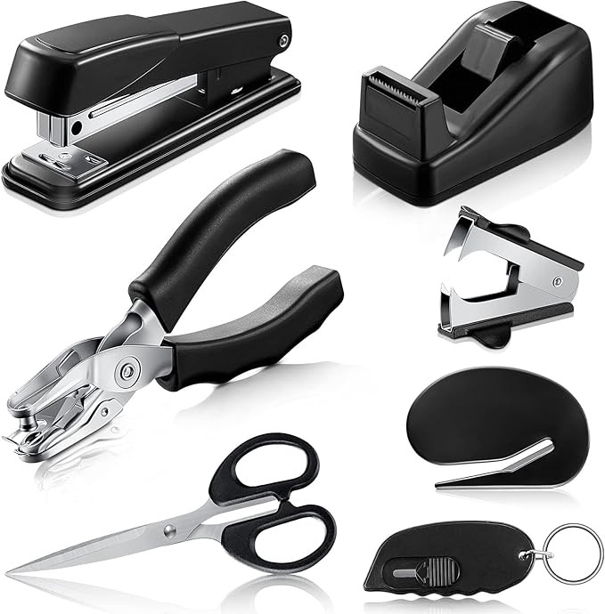 Black Desk Accessory Kit includes Desktop Stapler, Stapler Remover, Single Hole Punch, Tape Dispe... | Amazon (US)