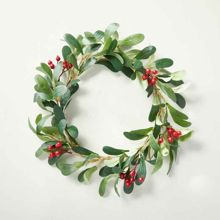12.5" Mistletoe & Winterberry Seasonal Faux Wreath Green/Red - Hearth & Hand™ with Magnolia | Target
