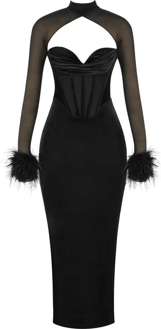 Thalia Long Sleeve Feather Trim Velvet Corset Dress with Shrug | Nordstrom