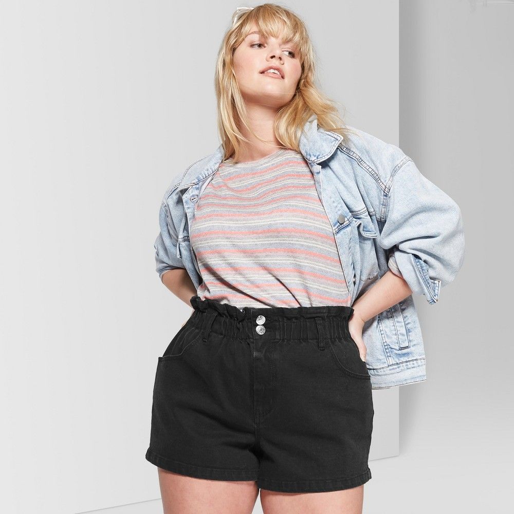 Women's Plus Size High-Rise Paper Bag Waist Denim Shorts - Wild Fable Black Wash 1X, Gray | Target