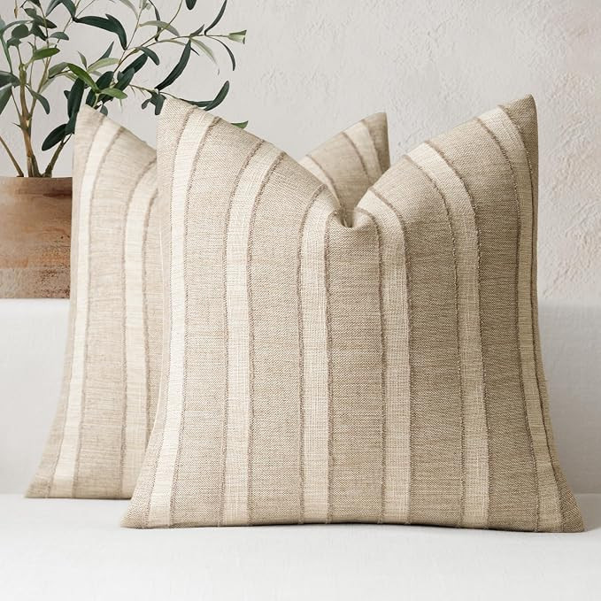 FIOUOVO Striped Linen Throw Pillow Covers 18x18 Set of 2, Natural Linen | Amazon (US)
