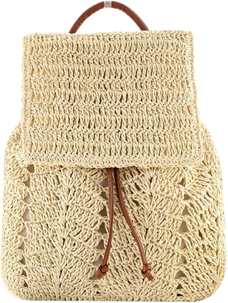 Women Medium Straw Handmade Woven Backpack Flap Drawstring Shoulders Bag Beach Daypack | Amazon (US)