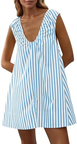 Women's Sleeveless Babydoll Tank Mini Dress Scoop Neck Ruched Bubble Dress with Pockets Short Sum... | Amazon (US)