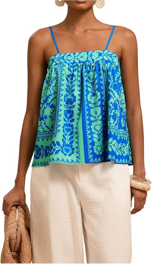 RoseSeek Women's Boho Babydoll Camisole Tops Beach Vacation Summer Spaghetti Strap Ruffle Hem Cam... | Amazon (US)