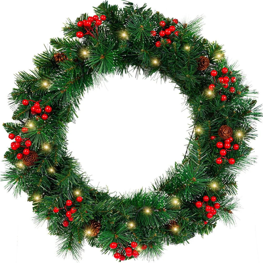 24" Pre-Lit Artificial Christmas Wreaths for Front Door Decorated with Pine Cones, Red Berries, F... | Walmart (US)