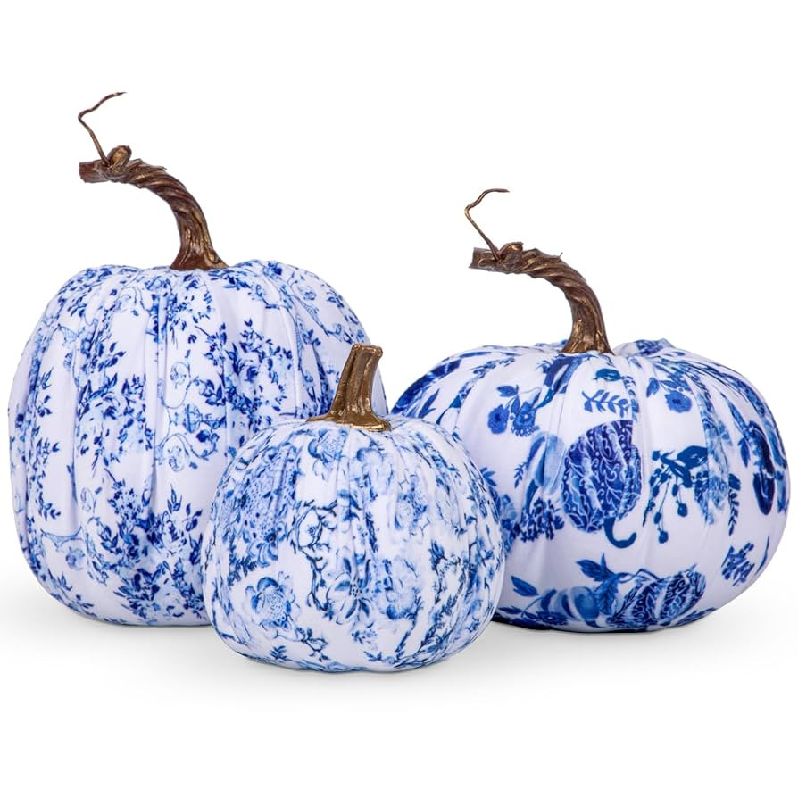 Fake Pumpkin Decor 3 Pcs Faux Pumpkins Small Blue and White Velvet Pumpkins Mini Artificial Pumpk... | Amazon (US)