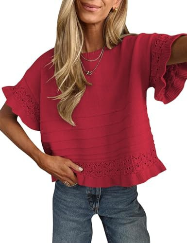 Balimtoy Womens Short Sleeve Ruffle Sweater Crochet Top Casual Crewneck Loose Fit Knit Peplum Blo... | Amazon (US)