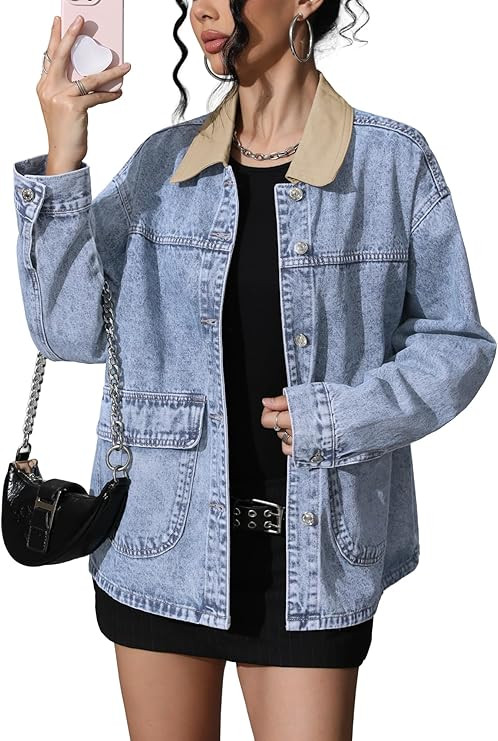 ELLEVEN Oversized Barn Denim Jackets for Women, Boyfriend Contrast Collar Button Down Jean Jacket... | Amazon (US)