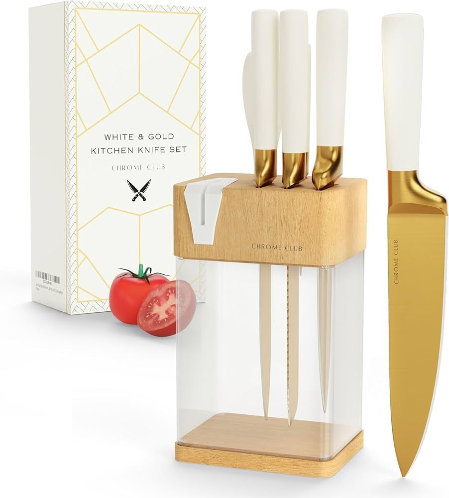 Stainless Steel White and Gold Knife Set with Block - 7 Piece Gold Kitchen Knife Set with Durable... | Amazon (US)