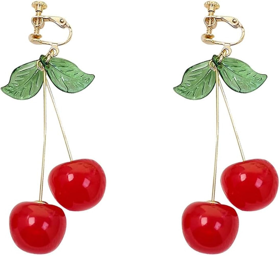 Cute Cherry Clip On Fruit Dangle Earrings for Women Hypoallergenic Funny Sweet 3D Red Cherry Gree... | Amazon (US)