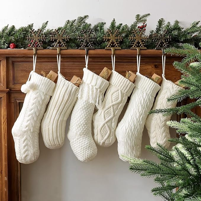 Christmas Stockings: 6 Pack Cream & White Cable Knit Patterns Fireplace Stockings, Rustic Hanging... | Amazon (US)