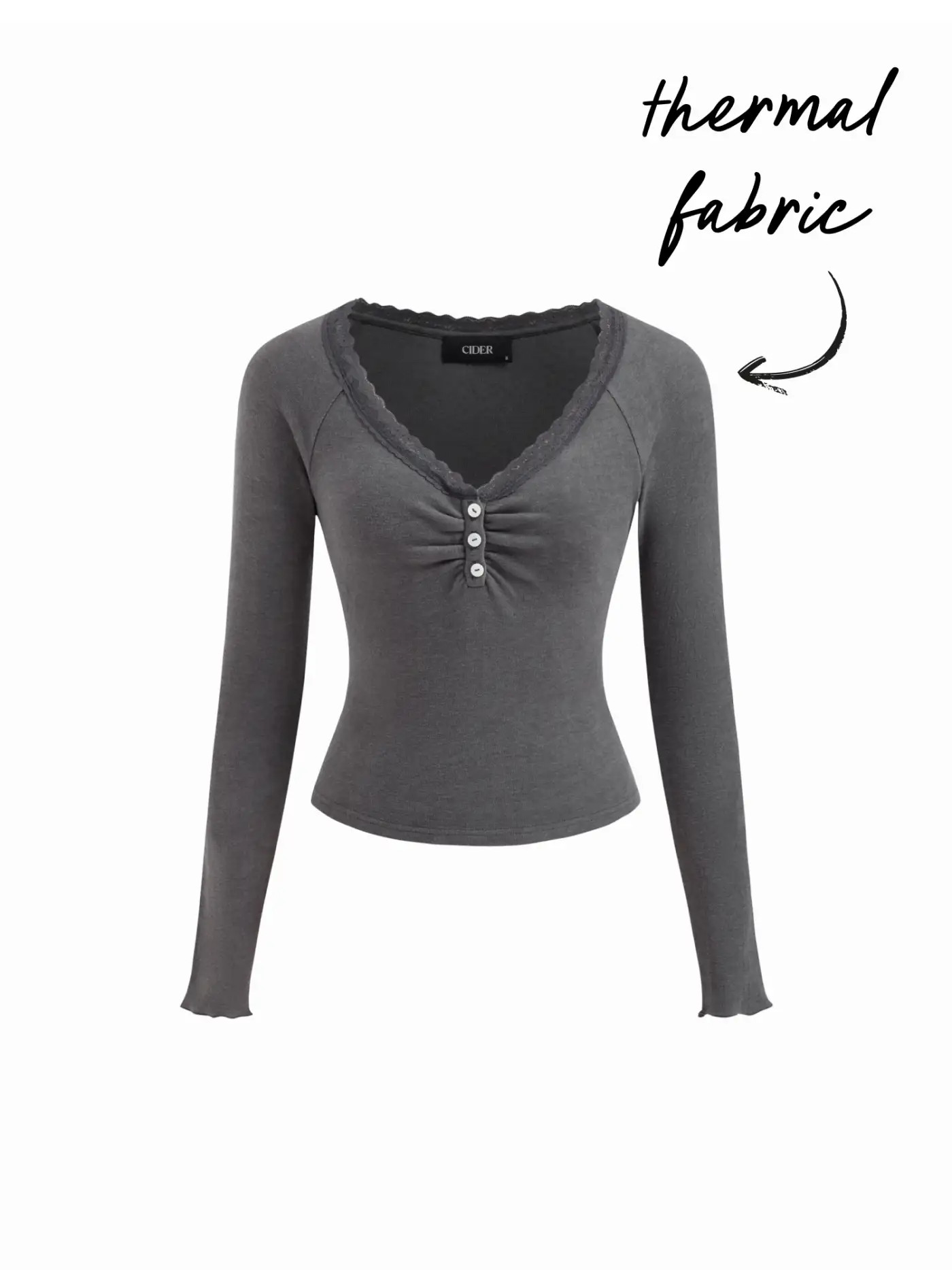 Knit Fabric Thermal Cotton-blend V-neck Long Sleeve Lace Trim Ruched Tee For Daily Casual | Cider