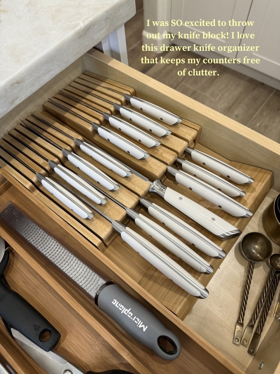 I ditched my knife block on the counter and found this drawer organizer to safely store my knives! 
•
•
•
Kitchen organization, drawer organizer, knife organizer, knife storage, kitchen knife storage, kitchen drawer storage, kitchen drawer organizer, kitchen drawer organization, white kitchen knives, knife set 


#LTKHome #LTKSpringSale #LTKfoodie