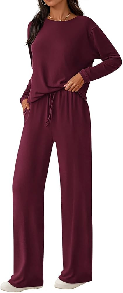 PRETTYGARDEN Womens 2 Piece Outfits Long Sleeve Crewneck Lounge Sets Wide Leg Pants Woman Tracksu... | Amazon (US)