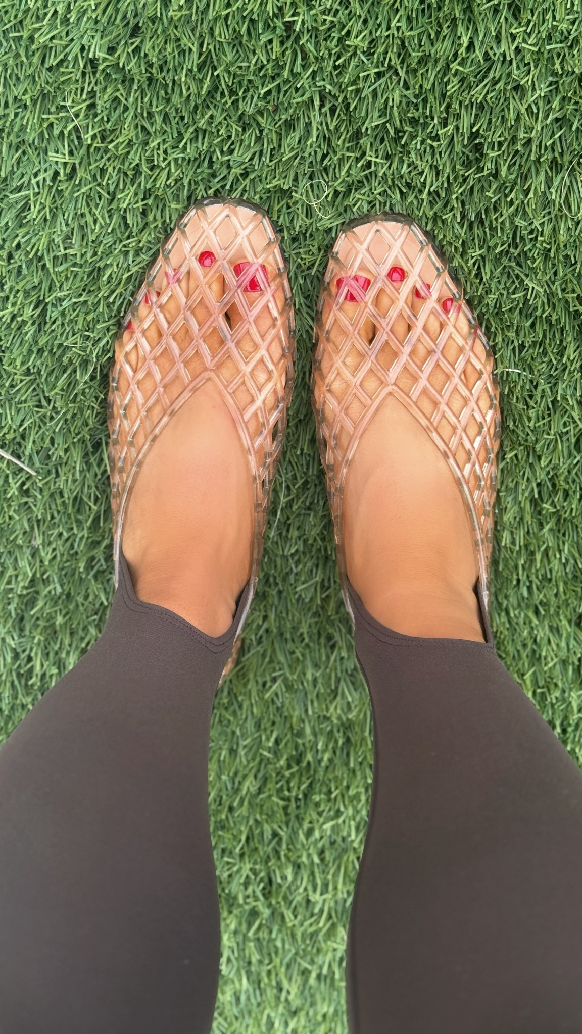 My jellies and stirrup leggings!
I’m a true 7.5, wearing an 8, and should have sized down a half size to a 7. 
Small in leggings! 