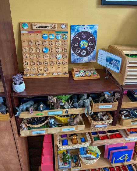Our Montessori learning space, Cultural and Language shelves; perpetual wooden calendar, animals of the continent, Montessori pink tower, Montessori, grandma symbols

#LTKkids #LTKhome #LTKfamily