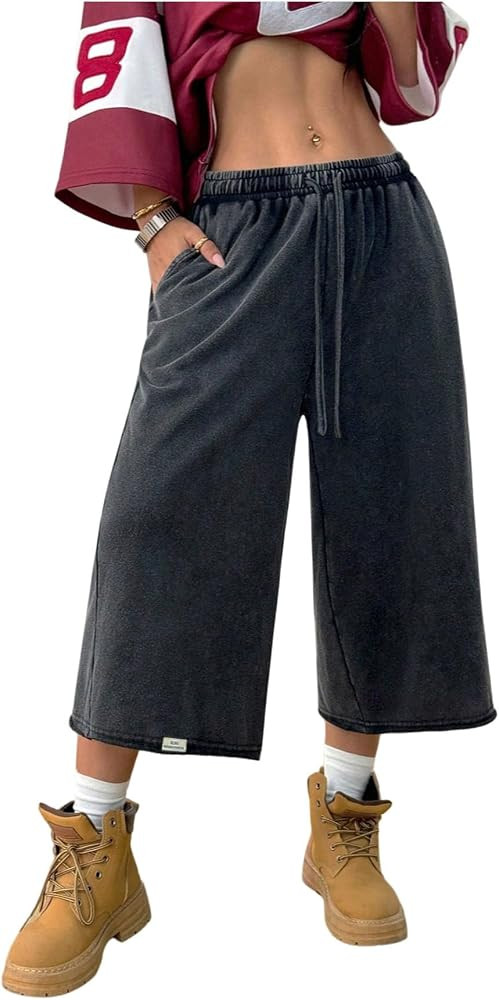 RoseSeek Women's Drawstring Waist Workout Sweat Shorts Wide Leg Baggy Washed Cropped Pants with P... | Amazon (US)
