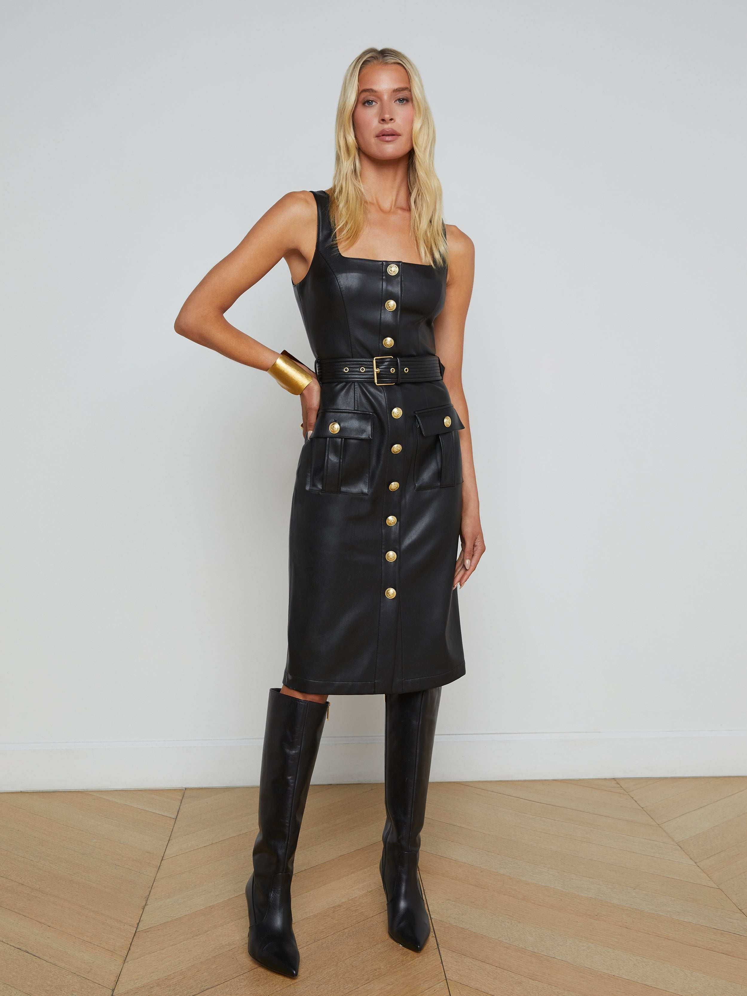 L'AGENCE - Idy Button-Front Dress in Black Leather/Gold | L'Agence