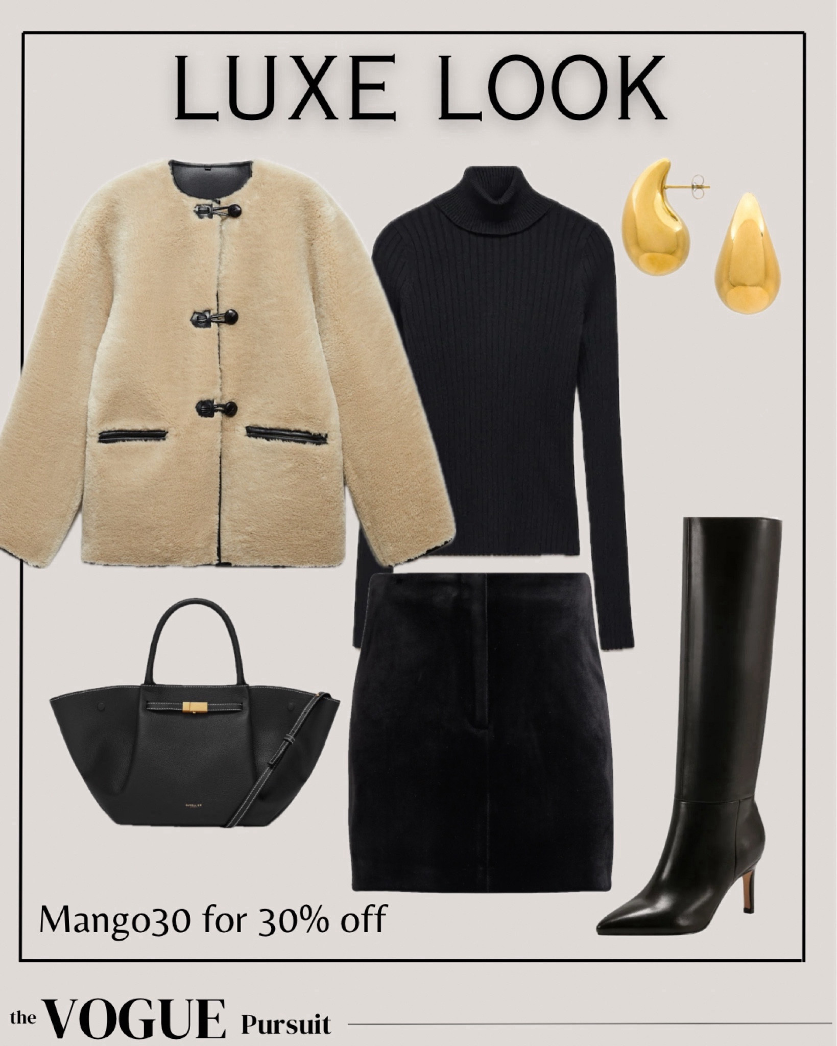 Curated look, faux fur shearling coat, toteme inspired, black and tan, knee high dress boots, designer boots, designer look, classic look, chic. Holiday look, party look, wear to work  

#LTKSeasonal #LTKHoliday #LTKover40