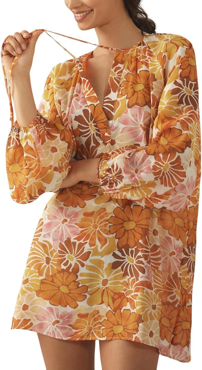 Boho Floral Tunic Dress for Women Long Sleeve Loose Fit Summer Vacation Cover Up Short Dress | Amazon (US)