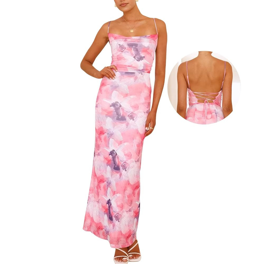 Women's Mesh Ruched Bodycon Dress Floral Spaghetti Strap Maxi Dress Stretch Sexy Backless Slip Lo... | Amazon (US)