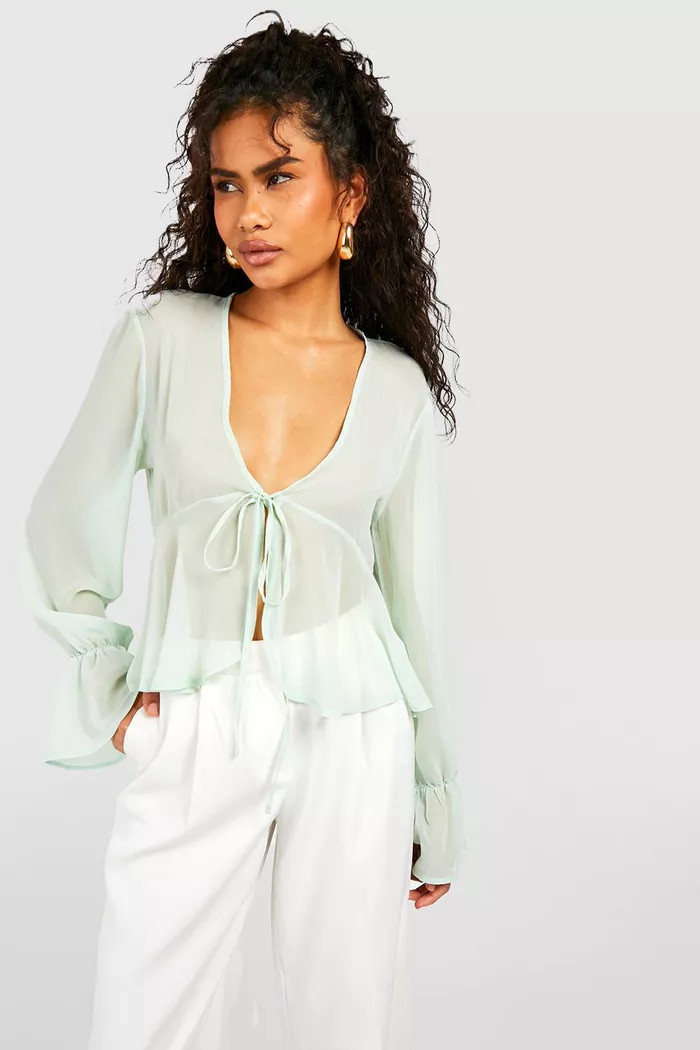 Flared Cuff Pelplum Tie Blouse | Boohoo.com (US & CA)