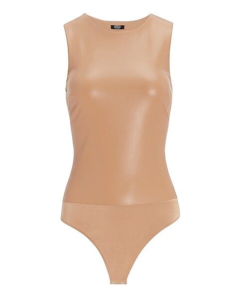Body Contour Faux Leather High Neck Thong Bodysuit | Express