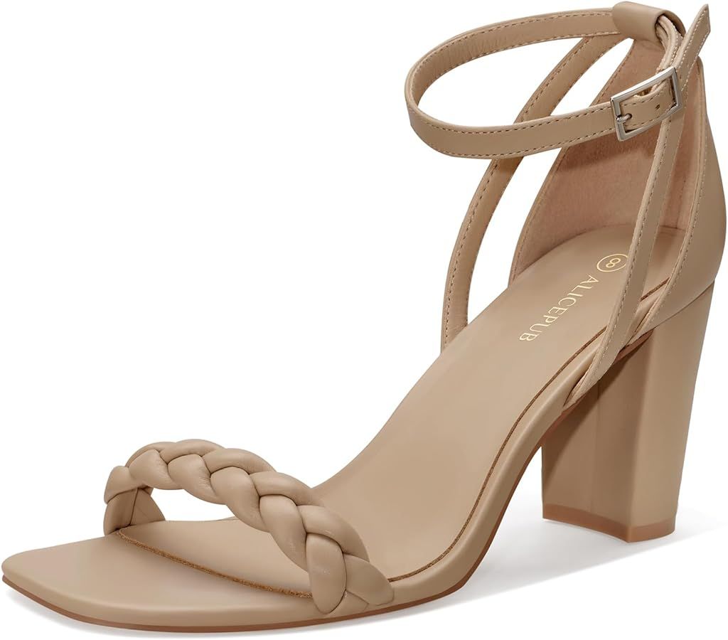 ALICEPUB Women's Braided Heeled Sandals Square Open Toe Ankle Strap Chunky Block Heels Wedding Pa... | Amazon (US)