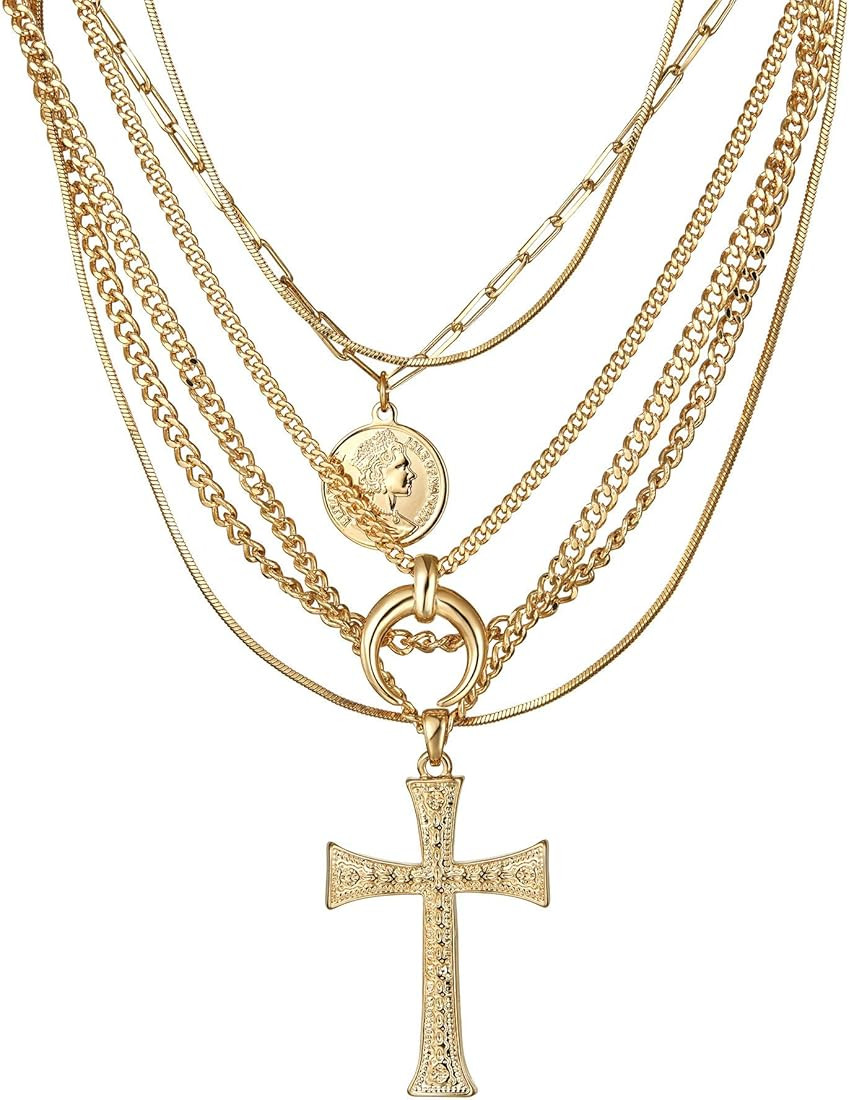 ACC PLANET Gold Layered Necklace for Women, 14K Gold Plated Coin Cross Pendant Necklace Chunky Ch... | Amazon (US)