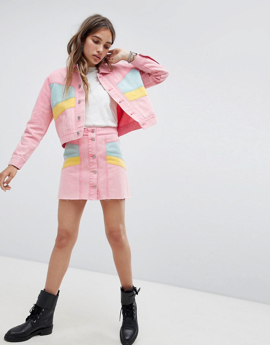 Signature 8 Retro Colourblock Denim Skirt - Pink | ASOS UK