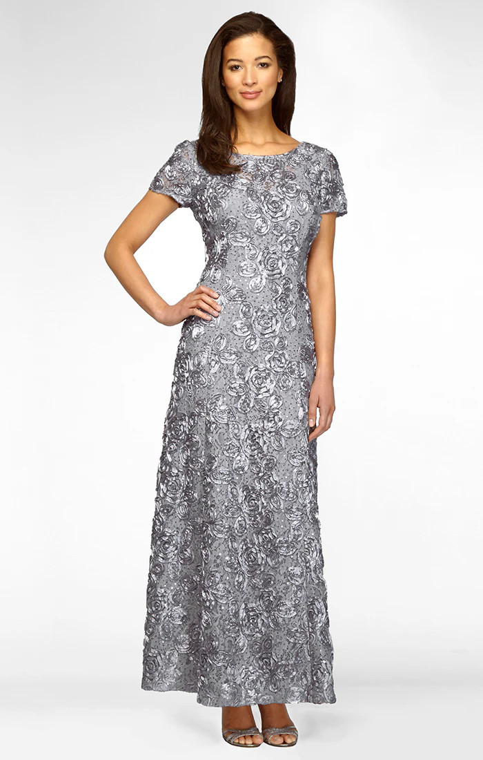 Rosette A-Line Gown with Sequin Detail &amp; Short Illusion Sleeves | Alex Evenings