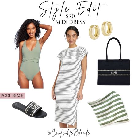 Spring outfit
Beach outfit
Pool outfit
Vacation outfit 
Midi dress
Black and white striped dress 
Sage bathing suit 
Tote bag 
Sandals 

#LTKtravel #LTKfindsunder50 #LTKswim