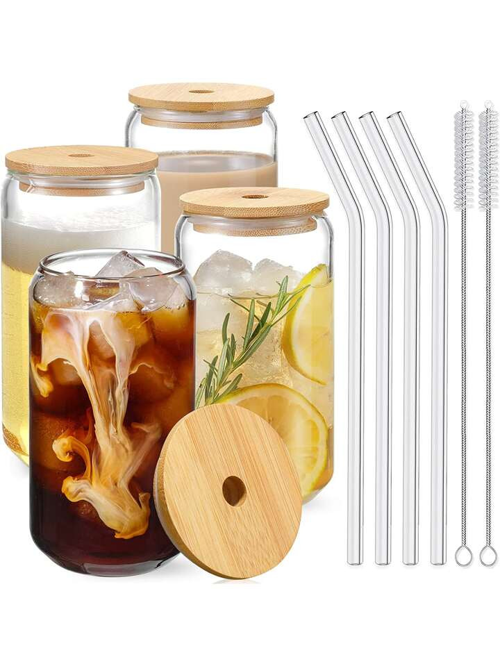 500ml Transparent Heat-resistant Glass Cup With Bamboo Lid & Silicone Seal, Including Glass Straw... | SHEIN