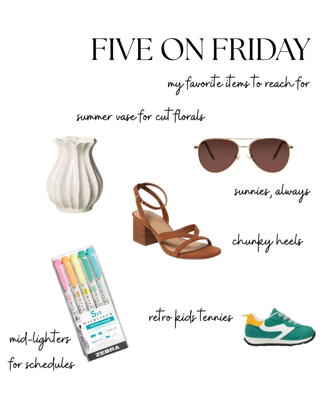 Little things that make everyday life feel a bit more put together ✨ From the vase I always reach for when I bring home grocery store flowers to the chunky sandals that somehow work with everything, these are a few recent favorites that have been quietly making summer feel easier, warmer, and more lived in.

five on friday, current favorites, summer home finds, favorite lifestyle products, cozy home aesthetic, everyday favorites, warm neutral lifestyle, collected living, home decor finds, summer accessories, neutral fashion finds, retro sneakers, chunky sandals, favorite sunglasses, floral vase styling, aesthetic everyday items, cozy lifestyle inspiration, mom life favorites, simple summer style, elevated everyday essentials 

 #LTKdayinmylife #LTKmomlife #LTKHome