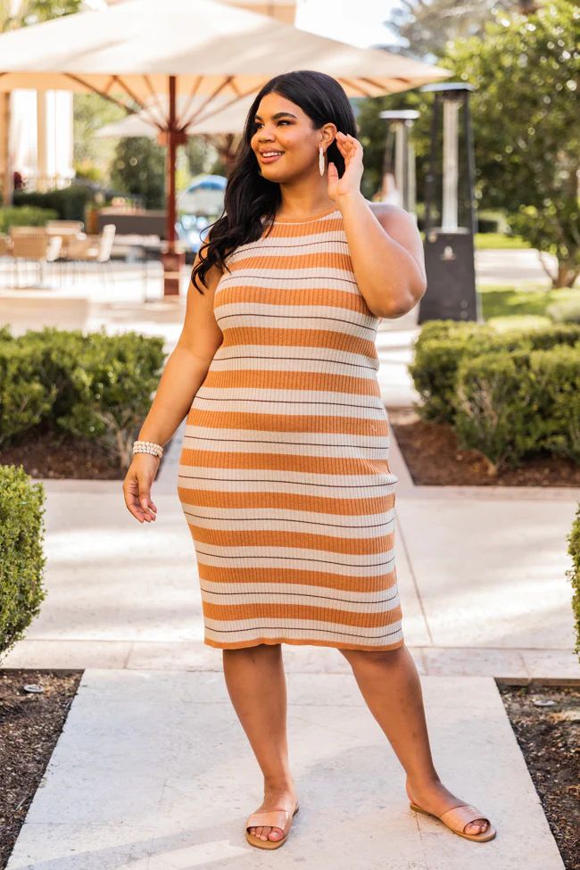 Trip Around The Sun Camel Striped Midi Sweater Dress | The Pink Lily Boutique