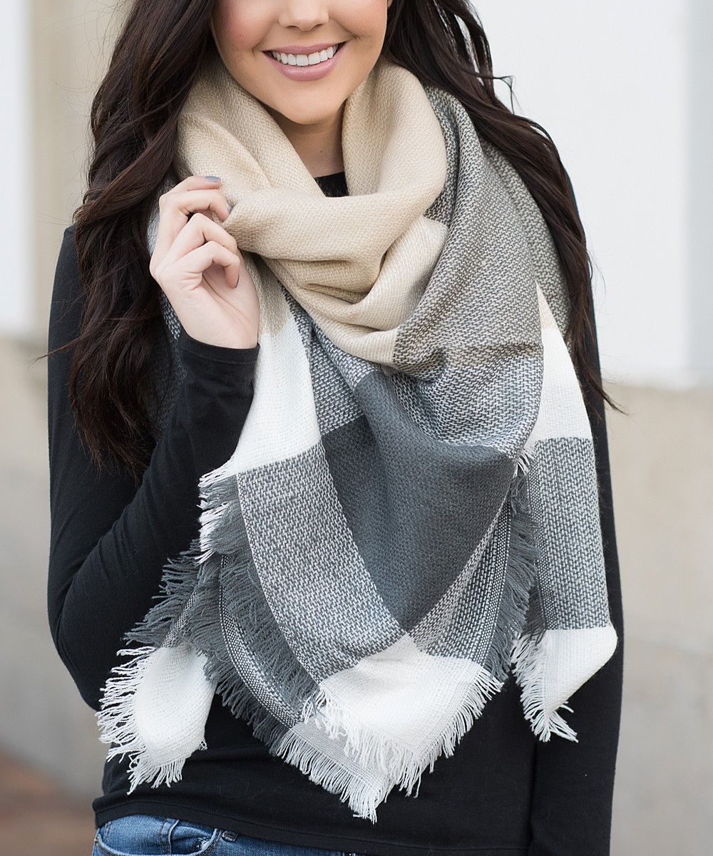 Aili's Corner Women's Cold Weather Scarves Gray/Tan - Gray & Tan Plaid Blanket Scarf | Zulily