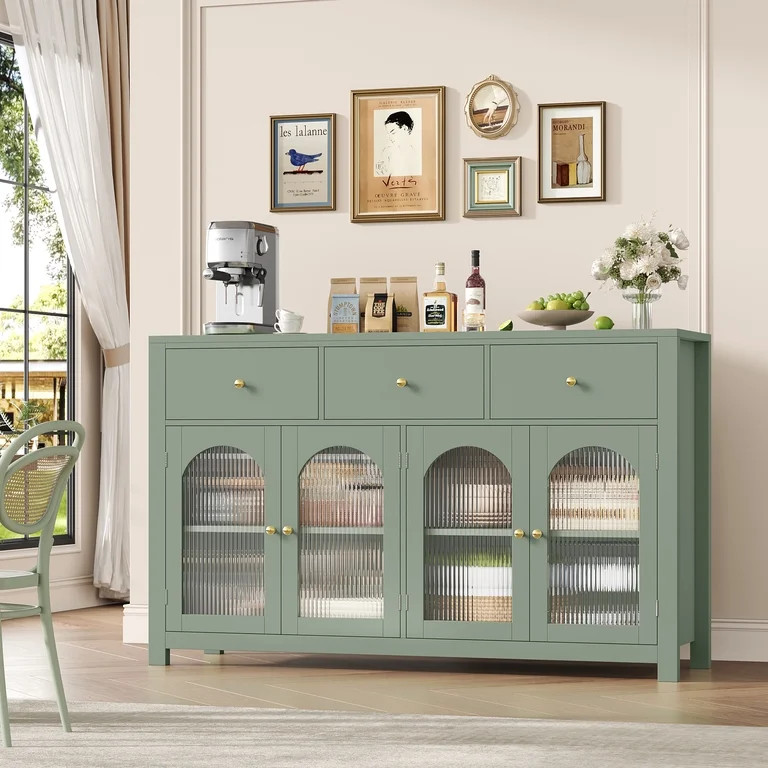 Homfa 55''Wide Buffet Credenzas, Large Dining Sideboard with 3 Drawers, 4 Glass Doors, Wood Coffe... | Walmart (US)