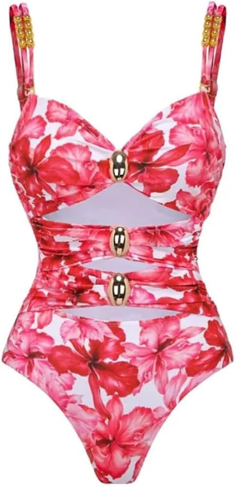 FLAXMAKER Cutout Flower Print One Piece Swimsuit and Skirt Set | Amazon (US)