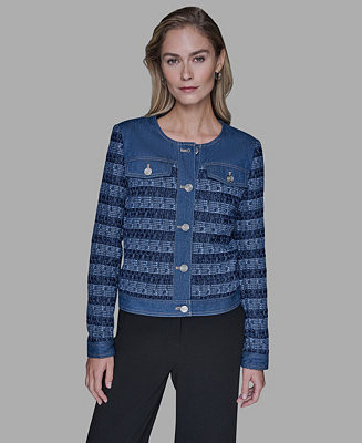 Women's Crewneck Tweed and Denim Jacket | Macy's