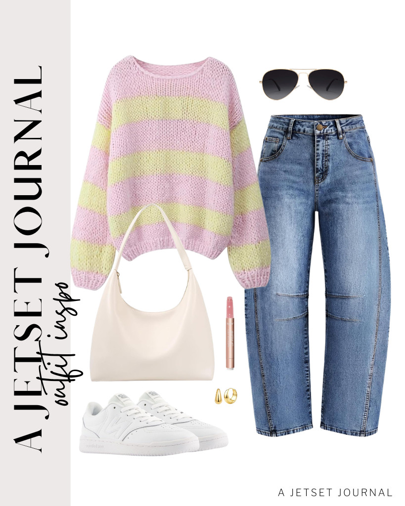 For the next fit, you need the yellow-and-pink-striped oversized sweater and barrel-style denim pants. It totally suits New Balance sneakers and these gold-plated hoop earrings. Wear this cute outfit for your daily errands, like grocery shopping. 

 #LTKSeasonal #LTKSaleAlert #LTKTravel